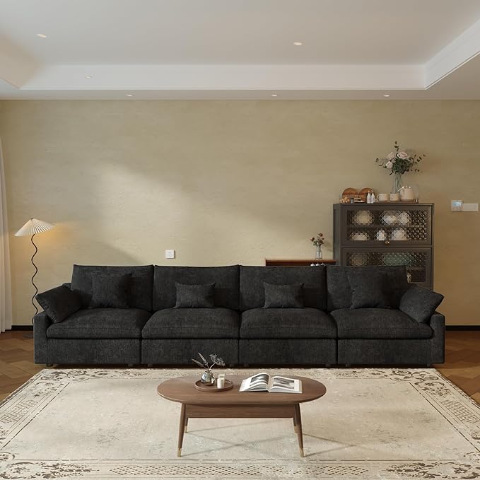 JACH Sectional Couches for Living Room, 4 Seater Cloud Sectional Couch with Deep Seat, Down Filled Modular Sofa, Covers Removeable & Washable, Sofas Furniture for Living Room, Black