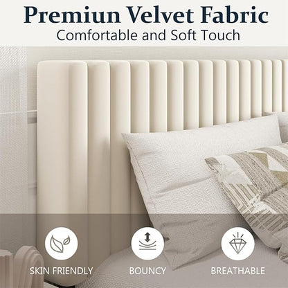 King Size Bed Frame,King Size Platform Bed Frame and Velvet Upholstered Headboard with Strong Wood Slats, Box Spring Optional, Mattress Foundation, Easy Assembly Beige