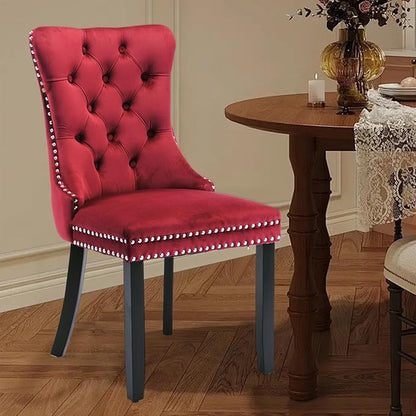 Velvet Upholstered Dining Chairs Set of 2, Modern Style Kitchen Side Chairs with Nailhead Trim and Wood Legs,Metal Pulling Ring for Dining Room Living Room(Wine Red,Set of 2)