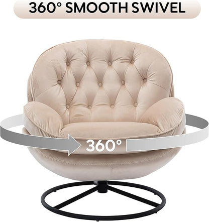 360° Swivel Modern Velvet Accent Chair with Ottoman | Mid-Century Button Tufted Lounge Chair for Living Room & Bedroom, Beige