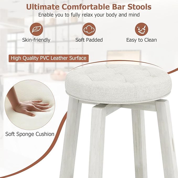 COSTWAY 360° Swivel Bar Stools Set of 4, 26-inch Height Vintage Upholstered Rubberwood Backless Bar Chairs with Footrest, Retro Kitchen Counter Stools for Kitchen Island Dining Room Home Bar, White