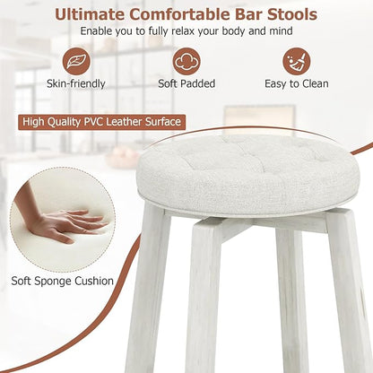 COSTWAY 360° Swivel Bar Stools Set of 4, 26-inch Height Vintage Upholstered Rubberwood Backless Bar Chairs with Footrest, Retro Kitchen Counter Stools for Kitchen Island Dining Room Home Bar, White