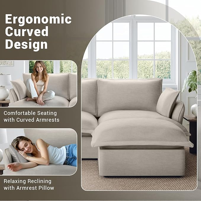 114” Oversized Modular Sectional Sofa, Comfy Down Fill Cloud Couch, 3 Seater Modular Sofa Couch with One Single Seat, Convertible Sectional Couches for Living Room, Linen, Light Gray