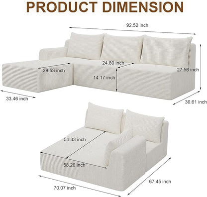 JSLOVE Modular L-Shape Sectional Sofa with Chaise, 3 Seat Movable Boneless Cloud Couch in One Box, Sofa Couch Bed with Ultra-Soft Corduroy Fabric, No Assembly Required for Living Room, Bedroom(Beige)