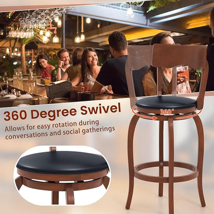 COSTWAY Bar Stools Set of 2, 29 Inch Swivel Bar Height Chairs with Rubber Wood Frame, Upholstered Seat, High Back Barstools for Kitchen Island, Home Bar, Pub, Brown (2, Seat Height: 29”)