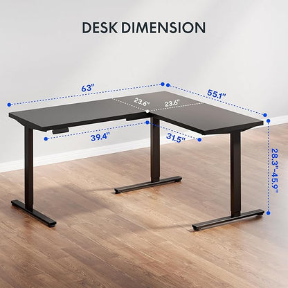 FLEXISPOT L Shaped Standing Desk, 63 x 55 Inch Electric Height Adjustable Corner Desk, Sit Stand Computer Workstation, Preset Controller, Home Office, Black Frame with Black Top, Black Drawer