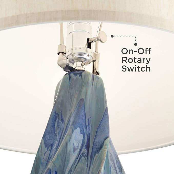 Possini Euro Design Teresa Modern Coastal Table Lamp 31" Tall with Square White Marble Riser Teal Ceramic Beige Drum Shade for Bedroom Living Room Nightstand Bedside Night Stand Office Kids Room
