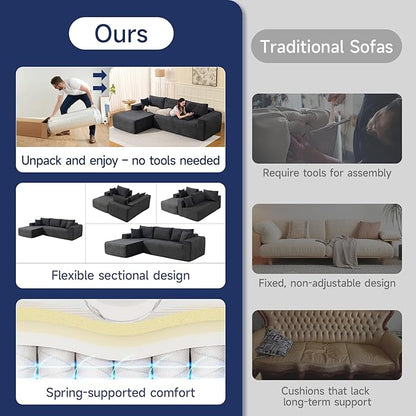 2025 New 108" Cloud Couch Sectional, Modular Sectional Sofa with L-Shaped Chaise, Deep Seat Sectional Modular Couch for Living Room, No Assembly Required (Gray, Left Facing Chaise)