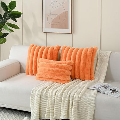FUTEI Orange Decorative Throw Pillow Covers 12x20 Inch Set of 2, Square Soft Faux Rabbit Fur Thick Striped Lumbar Pillow Case,Winter Home Decor for Couch Bed Living Room
