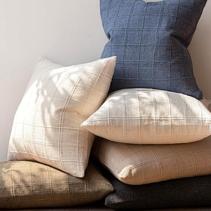 Foindtower Set of 2 Decorative Linen Check Throw Pillow Covers Neutral Farmhouse Vintage Cushion Covers Modern Boho Home Decor for Sofa Chair Couch Bedroom Living Room,24×24 Inch,Natural Beige