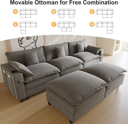 Cloud Couch, Modular Sectional Sofa with Ottoman, Charging Station, Throw Pillows, Cup Holders, Modern Convertible L Shaped Couches for Living Room, Bedroom (Grey, 116"- U Shape)