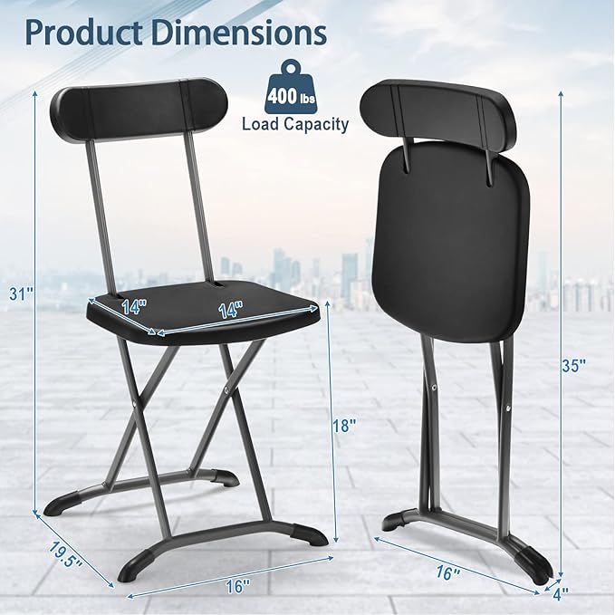 GYMAX Folding Chair, 400lbs Plastic Chairs Set with Steel Frame & Ergonomic Curved Back, Indoor & Outdoor Commercial Event Seat for Meeting, Wedding, Stackable Lightweight Folding Chairs (8, Black)