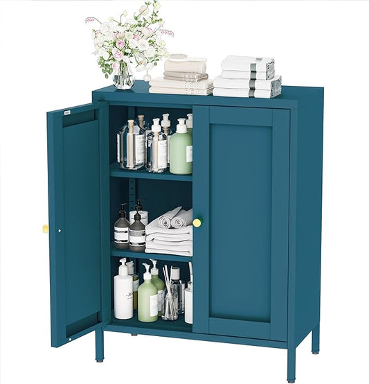 Metal Bathroom Storage Cabinet,Bathroom Floor Storage Cabinet with 2 Adjustable Shelves and 2 Doors,Freestanding Sideboard for Small Spaces, Living Room, Home Office, Dining Room