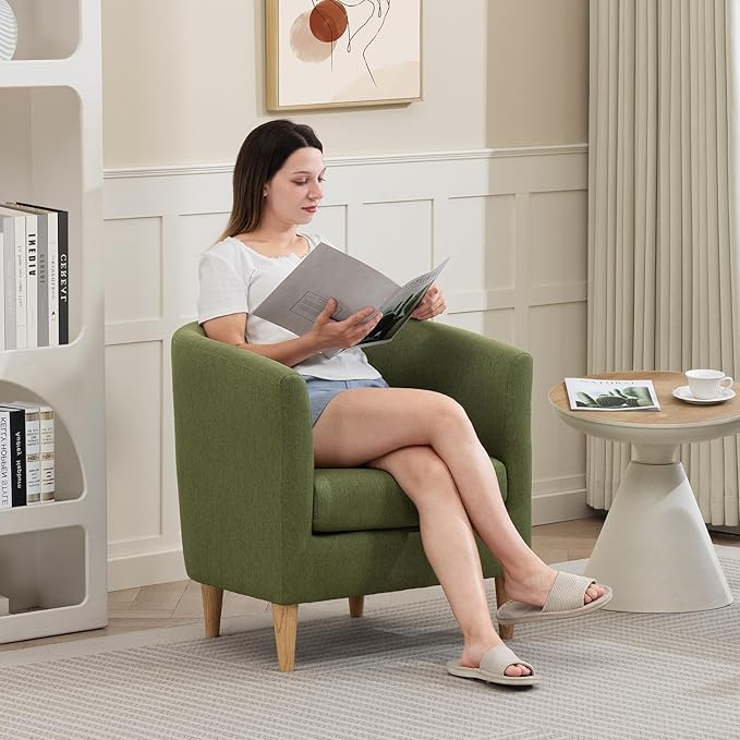 Accent Barrel Chair, Modern Comfy Living Room Chairs with Armrest Small Reading Chair with Cozy Soft Padded for Bedroom Reception Room Cafe, Green