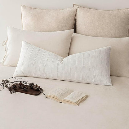Foindtower Set of 2 Decorative Linen Check Throw Pillow Covers Neutral Long Body Lumbar Cushion Covers Farmhouse Vintage Boho Home Decor For Sofa Chair Couch Bedroom Living Room,14×36 Inch,Cream White