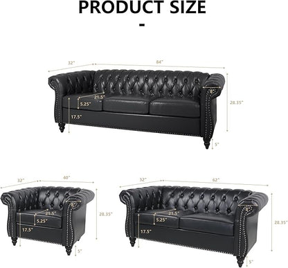 Home Sofa Living Room Furniture, 3 Seater Leather Upholstered Sofa Couch, Modern Comfy Couch with Faux Leather Cushions, Mid Century Tufted Chesterfield Sofas for Bedroom, Office, Apartment (Black)