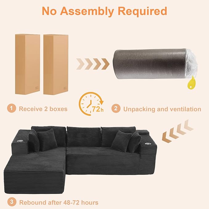 Modular Sectional Sofa, L Shaped Comfy Cloud Couch with Deep Seat, Boneless Couch for Living Room, Modern Sectional Sleeper with Chaise, No Assembly Required, Sofa in A Box, Black Corduroy