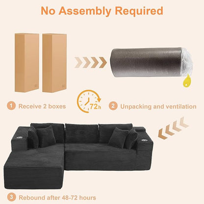 Modular Sectional Sofa, L Shaped Comfy Cloud Couch with Deep Seat, Boneless Couch for Living Room, Modern Sectional Sleeper with Chaise, No Assembly Required, Sofa in A Box, Black Corduroy