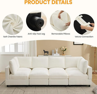 Modular Sectional Cloud Sofa Bed, 6-Seater Convertible Sofa Couch with Ottoman, Modern Deep Seat Sleeper Sofa for Living Room, Chenille Beige