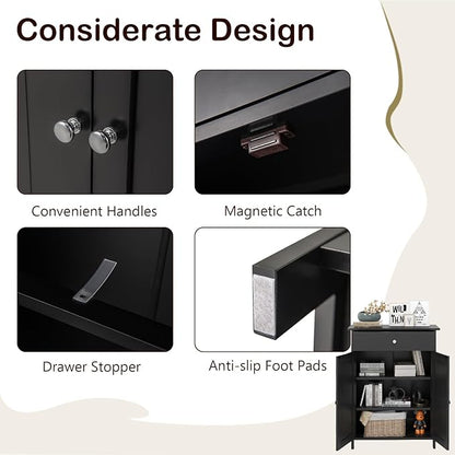Tangkula Bathroom Storage Cabinet, Freestanding Floor Organizer w/ 2 Doors, 1 Drawer & 1 Adjustable Shelf, Modern Home Bathroom Furniture for Living Room Entryway Kitchen (Cabinet & Drawer, Black)