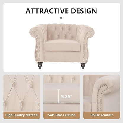 2 Piece Living Room Sofa Set, 3 Seater Velvet Sofa Couch and Chair Set, Mid Century Modern Upholstered Couch with Cushions, Comfy Tufted Chesterfield Couches for Living Room, Bedroom, Office