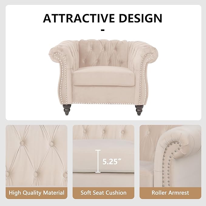 Accent Sofa Chair for Living Room, Mid Century Modern Velvet Upholstered Armchair, Oversized Comfy Single Couch Chair with Cushion, Tufted Chesterfield Sofa Couch for Home, Bedroom, Apartment (Beige)
