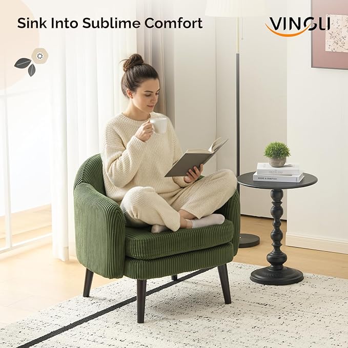 VINGLI 30.3" Wide Modern Barrel Accent Armchairs Set of 2 with Track Armrest, Solid Wooden Legs, Comfy Upholstered Club Chairs, Single Home Sofa for Living Room, Bedroom, Reading Room, Corduroy Green