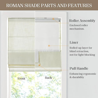 Madison Park Kyler Cordless Roman Shades - Single Panel, Lightweight Linen Blend Fabric, Natural Design, Easy Installation, Light Filtering Window Blind, Bedroom, Living Room Decor 29"W x 64"H Ivory