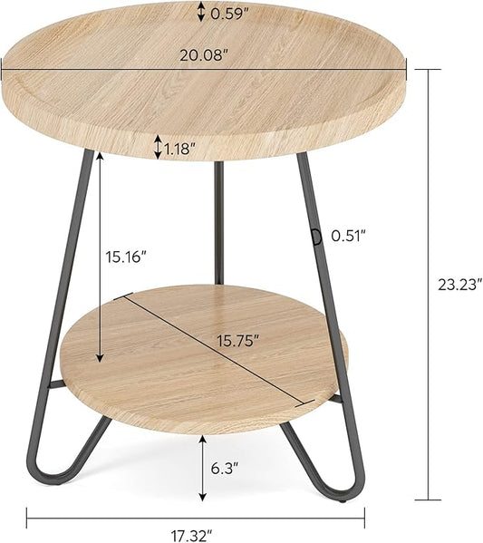 Tribesigns Round Side Table, 2-Tier End Table with Metal Legs, Modern Industrial Beside Table, Small Accent Table Snack Table for Living Room, Bedroom, Small Space, Easy Assembly, Wood Color