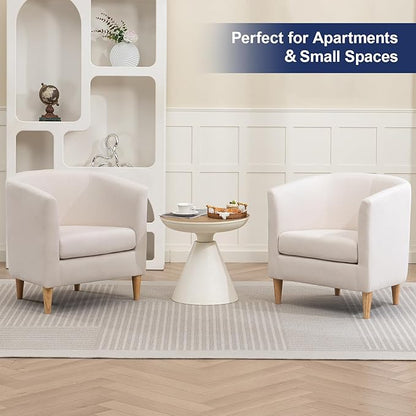 Accent Barrel Chair, Modern Comfy Living Room Chairs with Armrest Small Reading Chair with Cozy Soft Padded for Bedroom Reception Room Cafe, White