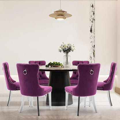 Velvet Upholstered Dining Chairs Set of 6, Modern Kitchen Side Chairs with Nailhead Trim and Silver Plated Leg, Metal Pulling Ring for Dining Room Living Room(Purple-Silver Plated Leg)