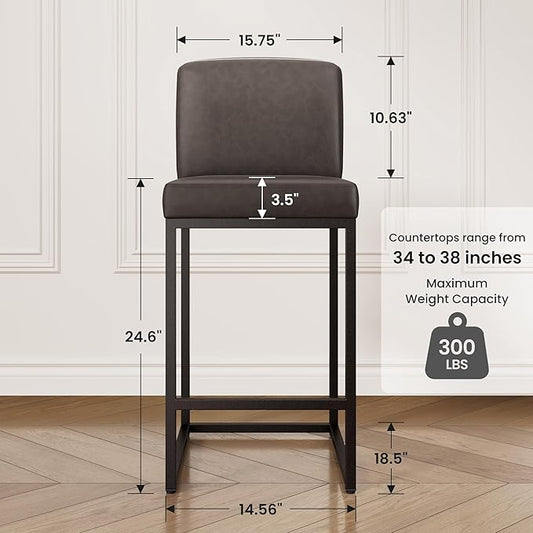 PHI VILLA Dark Grey Bar Stools Set of 6, Counter Height Bar Stool Faux Leather Barstools with Back, 24 inch Kitchen Bar Chairs