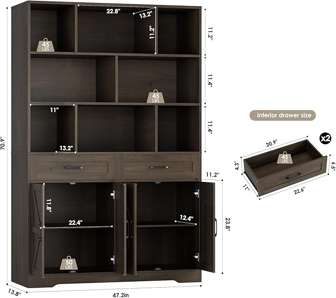 HOSTACK 71" Tall Bookcase with Drawer and Door, 47" Wide Book Shelf and Bookcase with Storage, 6 Tier Large Book Storage Cabinet with 14" Deep Display Shelves for Living Room, Home Office, Dark Brown