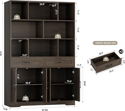 HOSTACK 71" Tall Bookcase with Drawer and Door, 47" Wide Book Shelf and Bookcase with Storage, 6 Tier Large Book Storage Cabinet with 14" Deep Display Shelves for Living Room, Home Office, Dark Brown