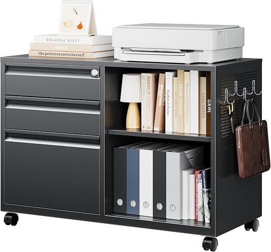 Letaya Mobile 3 Drawer File Cabinet with Lock-Metal Lateral Rolling Printer Stand Filing Cabinets for Home Office-Storage A4/F4/Letter (Black)