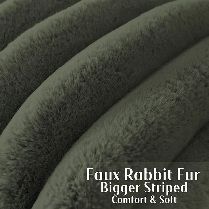 FUTEI Olive Green Decorative Throw Pillow Covers 22x22 Inch Set of 2, Square Soft Faux Rabbit Fur Big Striped Cushion Cover,Home Decor for Couch Sofa Bed Living Room