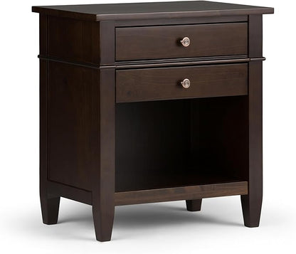 SIMPLIHOME Carlton Bedside Table - 24 inch Wide Solid Wood Nightstand Table in Dark Tobacco Brown, Transitional Bedroom Side or End Table with 2 Drawers, Open Storage Shelf and Bronze Hardware
