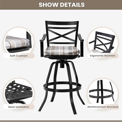 Pellebant 30" Sunbrella Outdoor Bar Stools Set of 2, Aluminum Swivel Patio Bar Height Barstools with Back & Footrest, Tall Barstool Chairs for Deck Lawn Garden, Milano Char