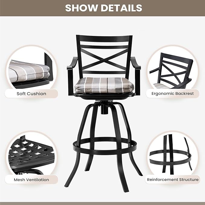 Pellebant 6 Pack Sunbrella Outdoor Bar Stools 30", Aluminum Swivel Patio Bar Height Bar Stools with Back & Footrest, for Deck Lawn Garden(Milano Char)