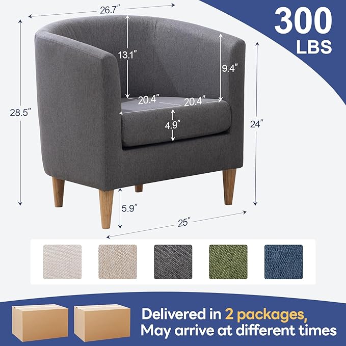 Accent Barrel Chair Set of 2, Modern Comfy Living Room Chairs with Armrest Small Reading Chair with Cozy Soft Padded for Bedroom Reception Room Cafe, Grey