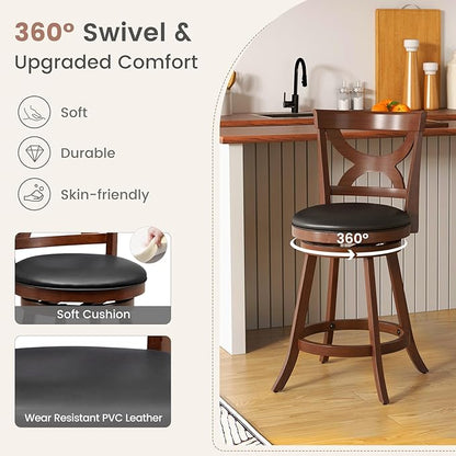 COSTWAY Bar Stools Set of 4, 360-Degree Swivel Chairs with Soft Cushion & Elegant Hollow Backrest, Rubber Wood Footrests, Upholstered Swivel Counter Stools for Kitchen Island, Pub, Café (4, 24‘’)
