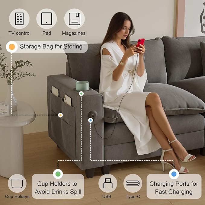 Modular Sectional Sofa, Cloud Couch with Ottoman, Charging Station, Throw Pillows, Cup Holders, Modern Convertible L Shaped Couches for Living Room, Bedroom (Grey, 152"- L Shape)