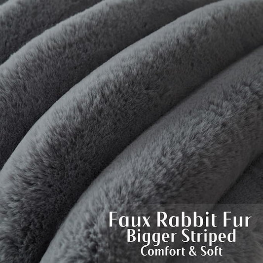 FUTEI Dark Grey Decorative Throw Pillow Covers 22x22 Inch Set of 2, Square Soft Faux Rabbit Fur Big Striped Cushion Cover,Home Decor for Couch Sofa Bed Living Room