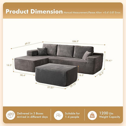 106" Cloud Sectional Couch with L-Shape Chaise & Ottoman, No Assembly Modular Sofa, Deep Seat Corduroy Boneless Couched for Living Room (Gray Stripe Corduroy, Left Facing Chaise with Ottoman)