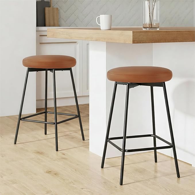 Swivel Bar Stools Set of 6, 24" Counter Height Bar Stool, Backless Barstools with Faux Leather Upholstered Seat&Sturdy Wood Legs for Kitchen Island, Brown