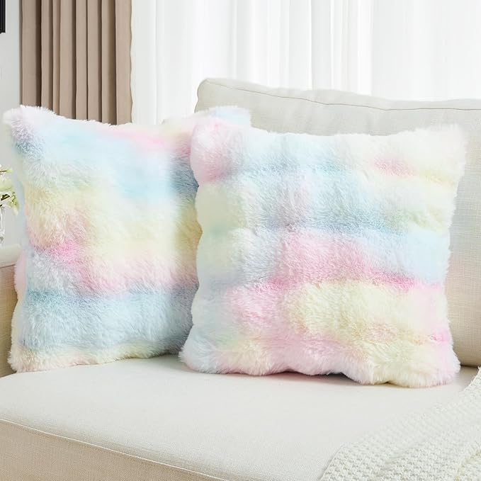 FUTEI Rainbow Decorative Throw Pillow Covers 22x22 Inch Set of 2,Soft Fuzzy Faux Rabbit Fur Cushion Covers with Raised Texture,Neutral Boho Home Decor for Couch Bed Living Room