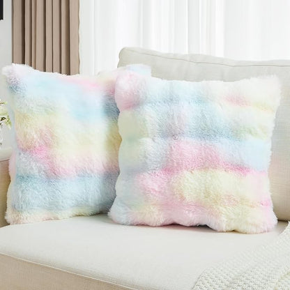 FUTEI Rainbow Decorative Throw Pillow Covers 24x24 Inch Set of 2,Soft Fuzzy Faux Rabbit Fur European Cushion Covers with Raised Texture,Neutral Boho Home Decor for Couch Bed Living Room