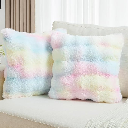FUTEI Rainbow Decorative Throw Pillow Covers 24x24 Inch Set of 2,Soft Fuzzy Faux Rabbit Fur European Cushion Covers with Raised Texture,Neutral Boho Home Decor for Couch Bed Living Room