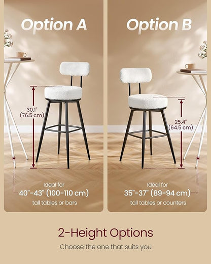 VASAGLE 360° Swivel Bar Stools Set of 2, Counter Height Bar Stools with Back, Boucle Fabric, Contemporary Modern, 25.4 Inch Tall, Kitchen and Home Bar, Cloud White ULBC130W01V1