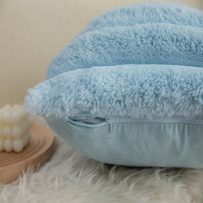 Neelvin Blue Faux Fur Cozy Soft Striped Decorative Throw Pillow Covers 24x24 inch Set of 2,Velvet Pillowcase Cushion Case for Sofa Couch